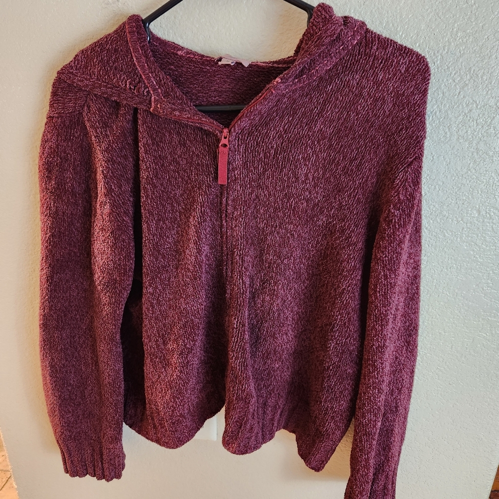 J. Jill Chenille Teddy Bear Zip Hooded Sweater Burgundy Hoodie Sweatshirt